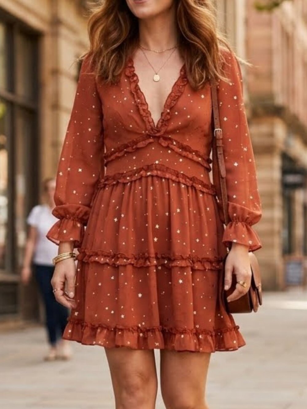 Women's Rusty Glitter Stars Backless Ruffle Sheer Dress Mini V Neck